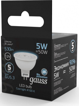 Лампа светодиодная Gauss Black 5Вт цок.:GU5.3 рефлектор 12B 4100K св.свеч.бел.ней. MR16 (упак.:10шт) (201505205) от магазина РЭССИ