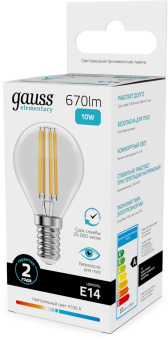 Лампа филам. Gauss Filament 10Вт цок.:E14 шар св.свеч.бел.нейт. (упак.:10шт) (52120) от магазина РЭССИ