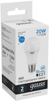 Лампа светодиодная Gauss Elementary 20Вт цок.:E27 груша 220B 6500K св.свеч.бел.хол. A60 (упак.:10шт) (23239) от магазина РЭССИ