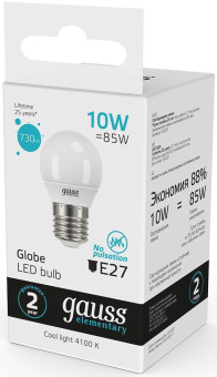 Лампа светодиодная Gauss Elementary 10Вт цок.:E27 шар 220B 4100K св.свеч.бел.нейт. (упак.:10шт) (53220) от магазина РЭССИ