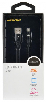 Кабель Digma MICROUSB-3M-BRAIDED-BLK USB (m)-micro USB (m) 3м черный от магазина РЭССИ
