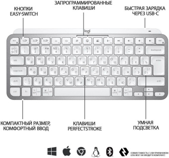 Клавиатура Logitech MX Keys Mini серебристый/белый USB беспроводная BT/Radio LED (920-010502) от магазина РЭССИ