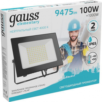 Прожектор уличный Gauss Elementary светодиодный 100Вт корп.алюм.черный (613100110) от магазина РЭССИ