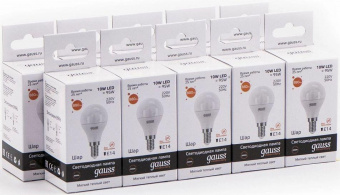 Лампа светодиодная Gauss Elementary 10Вт цок.:E14 шар 220B 3000K св.свеч.бел.теп. (упак.:10шт) (53110) от магазина РЭССИ