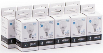 Лампа светодиодная Gauss Elementary 8Вт цок.:E14 шар 220B 4100K св.свеч.бел.ней. P45 (упак.:10шт) (53128) от магазина РЭССИ