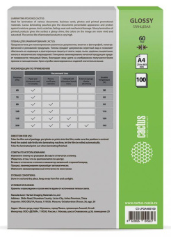 Пленка для ламинирования Cactus 60мкм A4 (100шт) глянцевая 216x303мм CS-LPGA460100 от магазина РЭССИ