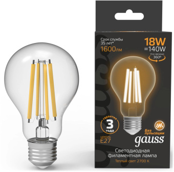 Лампа филам. Gauss Filament 18Вт цок.:E27 груша св.свеч.бел.теп. (упак.:10шт) (102902118) от магазина РЭССИ