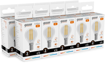 Лампа филам. Gauss Filament 8Вт цок.:E14 шар св.свеч.бел.теп. (упак.:10шт) (52118) от магазина РЭССИ