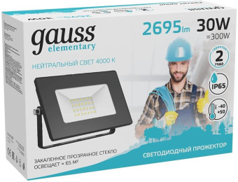 Прожектор уличный Gauss Elementary 613100230 светодиодный 30Вт корп.алюм.черный от магазина РЭССИ