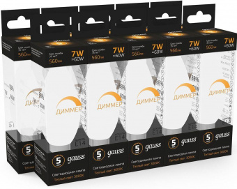 Лампа светодиодная Gauss E14 7Вт цок.:E14 свеча 220B 3000K св.свеч.бел.теп. C37 (упак.:10шт) (103101107-D) от магазина РЭССИ