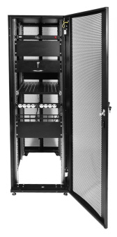 Шкаф серверный ЦМО (ШТК-СП-42.6.10-44АА-9005) напольный 42U 600x990мм пер.дв.перфор. задн.дв.перфор. 2 бок.пан. направл.под закл.гайки 1350кг черный 690мм 139кг 120град. 1950мм IP20 сталь с силовыми розетками укомплектованный от магазина РЭССИ