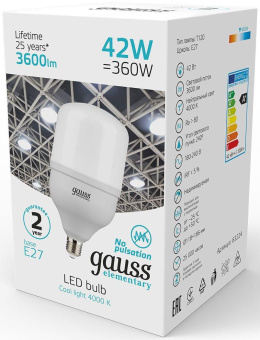 Лампа светодиодная Gauss Elementary T120 42Вт цок.:E27 цилин. 220B 3600K св.свеч.бел.нейт. (упак.:1шт) (63224) от магазина РЭССИ