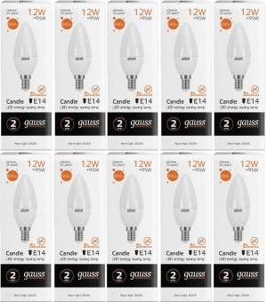 Лампа светодиодная Gauss Elementary 12Вт цок.:E14 свеча 220B 3000K св.свеч.бел.теп. C37 (упак.:10шт) (33112) от магазина РЭССИ