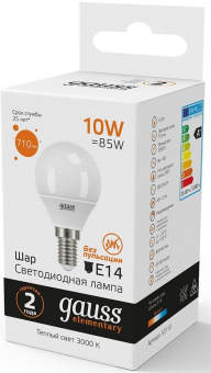Лампа светодиодная Gauss Elementary 10Вт цок.:E14 шар 220B 3000K св.свеч.бел.теп. (упак.:10шт) (53110) от магазина РЭССИ