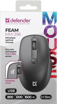 Мышь Defender Feam MM-296 черный оптическая 1600dpi silent беспров. USB 3but (52296) от магазина РЭССИ