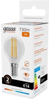 Лампа филам. Gauss Filament 12Вт цок.:E14 шар св.свеч.бел.теп. (упак.:10шт) (52112) от магазина РЭССИ