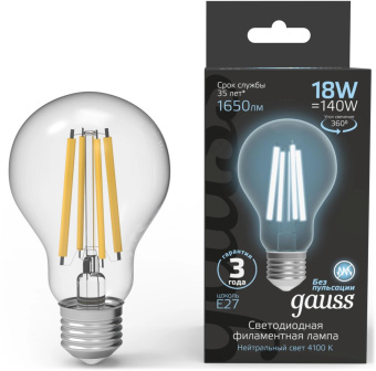 Лампа филам. Gauss Filament 18Вт цок.:E27 груша св.свеч.бел.нейт. (упак.:10шт) (102902218) от магазина РЭССИ