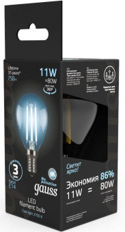 Лампа филам. Gauss Filament 11Вт цок.:E14 шар 220B 4100K св.свеч.бел.ней. (упак.:10шт) (105801211) от магазина РЭССИ