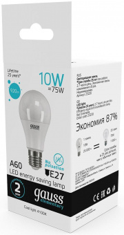 Лампа светодиодная Gauss Elementary 10Вт цок.:E27 груша 220B 4100K св.свеч.бел.ней. A60 (упак.:10шт) (23220) от магазина РЭССИ