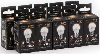 Лампа светодиодная Gauss Black 6.5Вт цок.:E27 шар 220B 3000K св.свеч.бел.теп. G45 (упак.:10шт) (105102107) от магазина РЭССИ