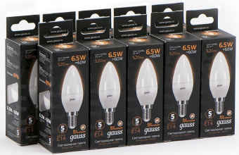 Лампа светодиодная Gauss Black 6.5Вт цок.:E14 свеча 220B 3000K св.свеч.бел.теп. C37 (упак.:10шт) (103101107) от магазина РЭССИ