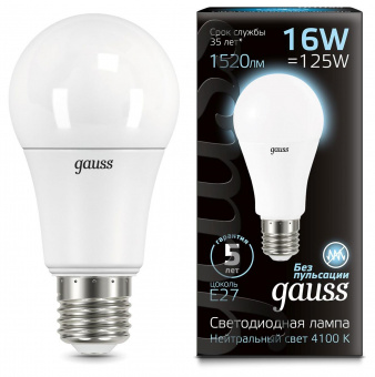 Лампа светодиодная Gauss A60 16Вт цок.:E27 груша 220B 4100K св.свеч.бел.ней. (упак.:10шт) (102502216) от магазина РЭССИ