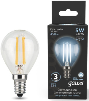 Лампа филам. Gauss Filament 5Вт цок.:E14 свеча 220B 4100K св.свеч.бел.нейт. (упак.:1шт) (105801205) от магазина РЭССИ