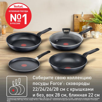 Сковорода Tefal Force 4218924 круглая 24см покрытие: Titanium ручка несъемная (с крышкой) черный (9100048321) от магазина РЭССИ