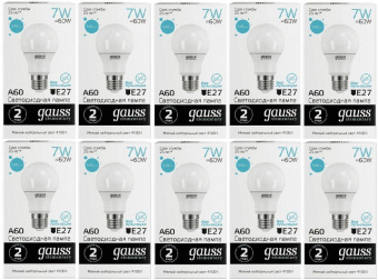Лампа светодиодная Gauss Elementary 7Вт цок.:E27 груша 220B 6500K св.свеч.бел.хол. A60 (упак.:10шт) (23237A) от магазина РЭССИ