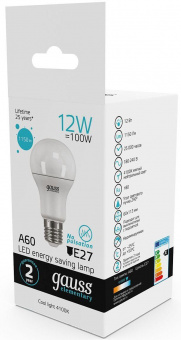 Лампа светодиодная Gauss Elementary 12Вт цок.:E27 груша 220B 4100K св.свеч.бел.ней. A60 (упак.:10шт) (23222) от магазина РЭССИ