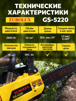 Бензопила Eurolux GS-5220 2800Вт 3.81л.с. дл.шины:20" (50cm) (70/6/8) от магазина РЭССИ