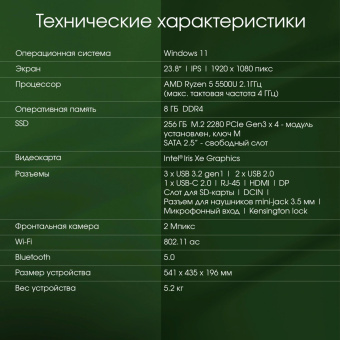 Моноблок Digma Pro Vision 23.8" Full HD Ryzen 5 5500U (2.1) 8Gb SSD256Gb UHDG CR Windows 11 Professional Eth WiFi BT 90W клавиатура мышь Cam черный 1920x1080 от магазина РЭССИ