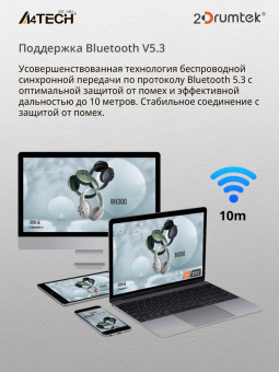 Наушники мониторные A4Tech 2Drumtek BH300 1м зеленый беспроводные bluetooth оголовье (BH300 MATCHA GREEN) от магазина РЭССИ