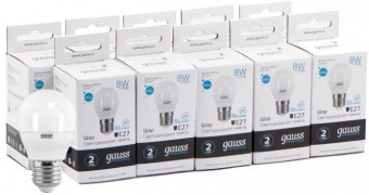 Лампа светодиодная Gauss Elementary 8Вт цок.:E27 шар 220B 4100K св.свеч.бел.ней. (упак.:10шт) (53228) от магазина РЭССИ