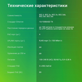 Коммутатор Digma DSP204F-2F-T80 DSP204F-2F-T80 V1 (L2) 6x100Мбит/с 4PoE 4PoE+ 80W неуправляемый от магазина РЭССИ