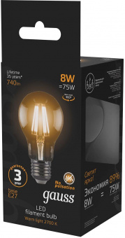 Лампа филам. Gauss 8Вт цок.:E27 шар 220B 2700K св.свеч.бел.теп. A60 (упак.:10шт) (102802108) от магазина РЭССИ