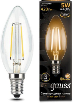 Лампа филам. Gauss 5Вт цок.:E14 свеча 220B 2700K св.свеч.бел.теп. C37 (упак.:10шт) (103801105) от магазина РЭССИ