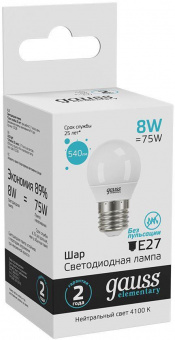 Лампа светодиодная Gauss Elementary 8Вт цок.:E27 шар 220B 4100K св.свеч.бел.ней. (упак.:10шт) (53228) от магазина РЭССИ