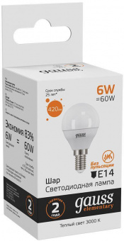 Лампа светодиодная Gauss Elementary 6Вт цок.:E14 шар 220B 3000K св.свеч.бел.теп. (упак.:10шт) (53116) от магазина РЭССИ