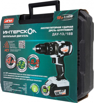 Дрель-шуруповерт Интерскол ДАУ-13/18В аккум. патрон:быстрозажимной (кейс в комплекте) (574.4.1.70) от магазина РЭССИ