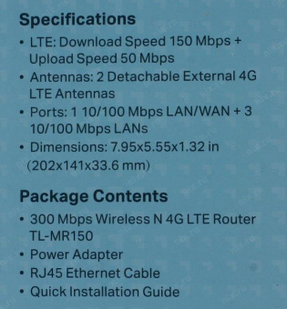 Роутер беспроводной TP-Link TL-MR150 N300 10/100BASE-TX/4G cat.4 черный от магазина РЭССИ
