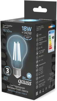 Лампа филам. Gauss Filament 18Вт цок.:E27 груша св.свеч.бел.нейт. (упак.:10шт) (102902218) от магазина РЭССИ