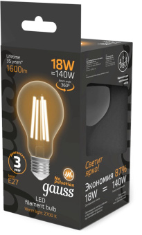 Лампа филам. Gauss Filament 18Вт цок.:E27 груша св.свеч.бел.теп. (упак.:10шт) (102902118) от магазина РЭССИ