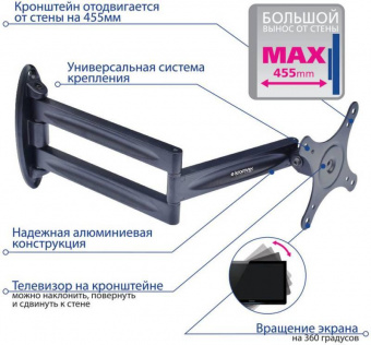 Кронштейн для телевизора Kromax TECHNO-11 черный 10"-32" макс.15кг настенный поворот и наклон от магазина РЭССИ
