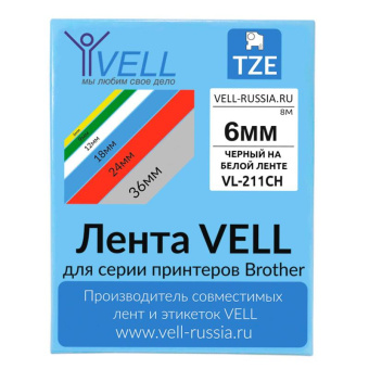 Лента Vell VL-211CH (с чипом 6 мм черный на белом) для Puty PT-100E/100ECH/Brother D200/E110/ D600/E300/2700/ P700/E550/P900 1350592 от магазина РЭССИ