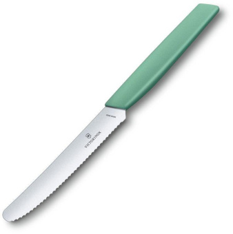 Нож кухонный Victorinox Swiss Modern (6.9006.11W41) стальной столовый для томатов лезв.110мм серрейт. заточка мятный от магазина РЭССИ