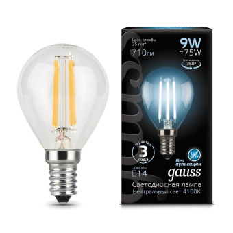 Лампа филам. Gauss Filament 9Вт цок.:E14 шар 220B 4100K св.свеч.бел.нейт. (упак.:10шт) (105801209) от магазина РЭССИ