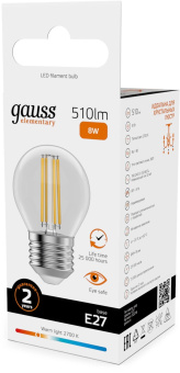 Лампа филам. Gauss Filament 8Вт цок.:E27 шар св.свеч.бел.теп. (упак.:10шт) (52218) от магазина РЭССИ