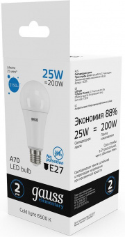 Лампа светодиодная Gauss Elementary 25Вт цок.:E27 груша 220B 6500K св.свеч.бел.хол. A67 (упак.:10шт) (73235) от магазина РЭССИ