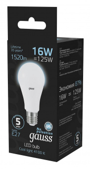 Лампа светодиодная Gauss A60 16Вт цок.:E27 груша 220B 4100K св.свеч.бел.ней. (упак.:10шт) (102502216) от магазина РЭССИ